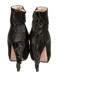 Prada Black Suede Ruffled Ankle Boots/Booties 9.5
